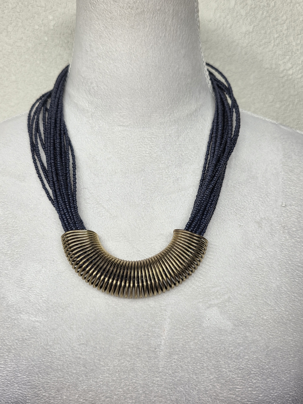 Charming Charlie Navy Multi-Strand Beaded Necklace with Gold Tubular Accent